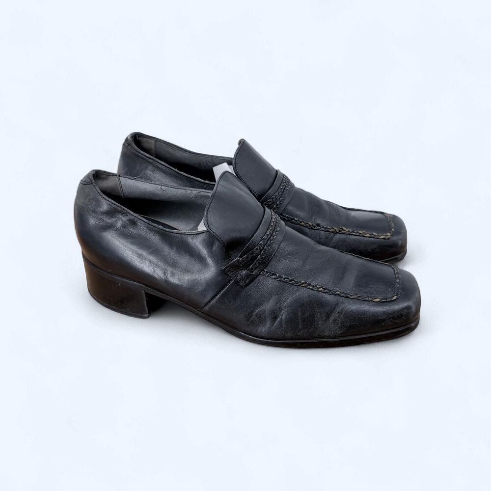 Black Leather Woven Accent Apron Toe Stacked Cuban Block Heel Loafers c. 1970